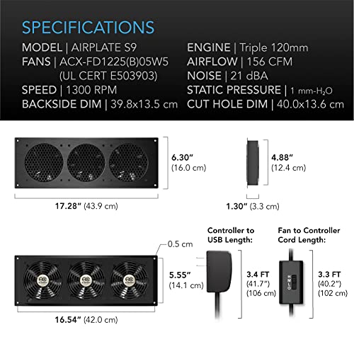 AC Infinity AIRPLATE S9, Quiet Cooling Fan System 18" | With Speed Control, for Home Theater AV Cabinets - size: 18-Inch