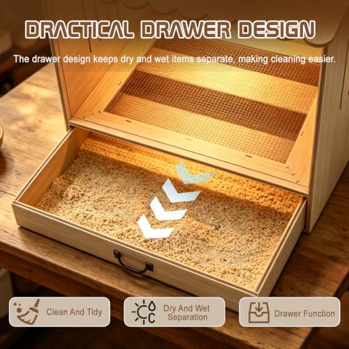 Wooden Chicken Brooder Box with Heating Lamp, 20x18x16 Inch Brooder Box with Mesh Bottom Drawer for Waste Collection for Ducks, Chicks, Hamsters, Lizards