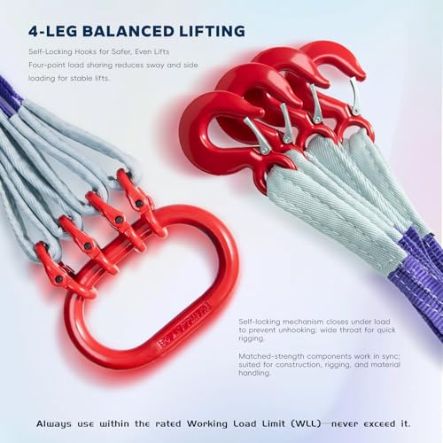 10 ft 4-Leg Web Bridle Lifting Sling, 8800 lb WLL | Safety-latch hooks, top master link, sewn load tag, taller hoist setups - size: 10 ft