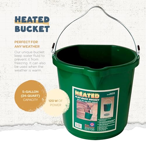 Farm Innovators 2 Pack Heated Water Bucket, 120W Heating Power - Flat Back 5 Gallon Plastic Bucket with Cord Storage for Livestock Watering & Feeding