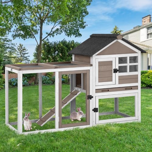 GUTINNEEN Large Rabbit Hutch Indoor 2-Level Wooden Chicken Coop Outdoor Bunny Guinea Pig Cage with Run, Chew-Proof Ramp, Leak-Proof Pull Out Tray, Lockable Doors for Small Animals (Brown & White) - color: Light Brown