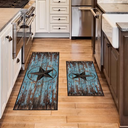 Western Kitchen Rug Set of 2,Anti Fatigue Mats for Kitchen Floor,Barn Texas Star on Old Wooden Plank Rustic Country Farmhouse Kitchen Mat Vintage Floor Mats Non Slip Washable Kitchen Rugs Runner,Teal