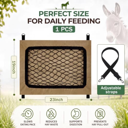1 Pack Slow Feed Hay Bag for Horses & Donkeys, 23 x 19 in | 1000D Heavy Duty Fabric, 1.34 In Diamond Mesh, Easy Fill Top Design, Adjustable Hanging Straps, Ground or Hanging Feeding