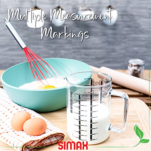 Simax Glass Measuring Cup in Grams, Ml, Oz - Borosilicate 32 Oz Liquid Cup for Metric Measurements, Liter, Milliliter, Ounce, Sugar & Flour Grams - No Drip Pour Spout - size: 32 Ounce