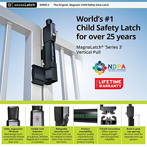 D&D ML3VPKA MagnaLatch Vertical Pull 12-inch Pet Safety Gate Latch, Black | Property & pet safety gate latch & lock, magnetic latching system. Weather-resistant. For square gate & fence post.