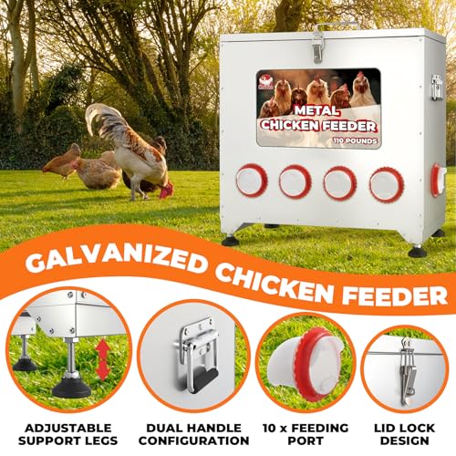Sidasu Automatic Chicken Feeder 110 LB, 10-Port Metal Poultry Feeder | Rainproof Locking Lid, Adjustable Legs, Galvanized Steel, Fits Chickens Ducks Turkeys, Easy to Clean