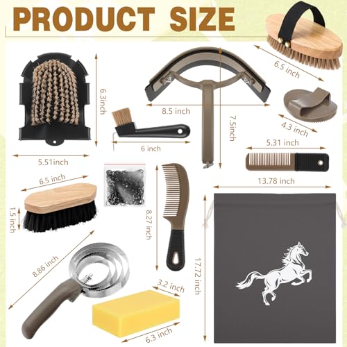 Abbylike 12 Pieces Horse Grooming Kit Racing Festival Tack Room Supplies Horse Brush Sets Equine Care Cleaning Kit Shedding Grooming Massaging Tools(Dark Gray) - color: Dark Gray