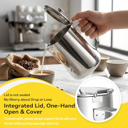 Stainless Steel Pitcher with Lid, 70 oz Metal Measuring Cup with Marking with Handle, 2 L Large Mouth Graduated Beakers, Milk Frothing Jug for Latte Art, Iced Tea, Espresso Machines, Water