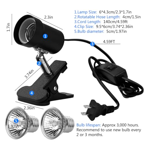 Turtle Heat Lamp + 2 Heating Bulbs (50W,35W), Reptile UVA UVB Basking Spot Lamp, Warming Light with Clamp for Tortoise, Lizard, Snake, Leopard Gecko, Beared Dragon, Brooder Box