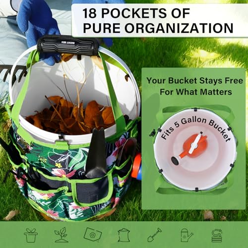 KUNN Bucket Tool Organizer 5 Gallon 18-Pocket Gardening Tool Bag with Hangable Handle | Garden Caddy & Bucket Accessory, Green - color: Green Leaf