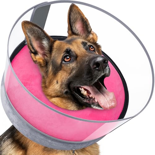 2-in-1 Inflatable Dog Donut Collar for Large Dogs After Surgery | Soft Recovery Cone Collar, Rigid & Higher Shield for Pets, Stop Licking Wounds, Patented Protective Donut Cone PinkGrey - color: Hot Pink, size: L-long
