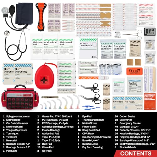 RHINO RESCUE First Responder First Aid Kit Fully-Stocked EMT Bag (Red, 20L) | Professional EMT/EMS Trauma Medical Kit, Molle System & Reflective Stripe, 300+ First Aid Supplies, Suits for Business, Home - color: Red