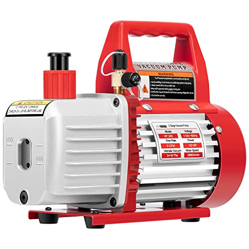 VIVOHOME 110V 1/2 HP 5 CFM Dual Stage Rotary Vane HVAC Air Vacuum Pump | AC Vacuum Pump for Home Automotive Air Conditioner R134a R12 R22 R502 R410a AC System with Oil Bottle, Red - color: Red, size: 5 CFM