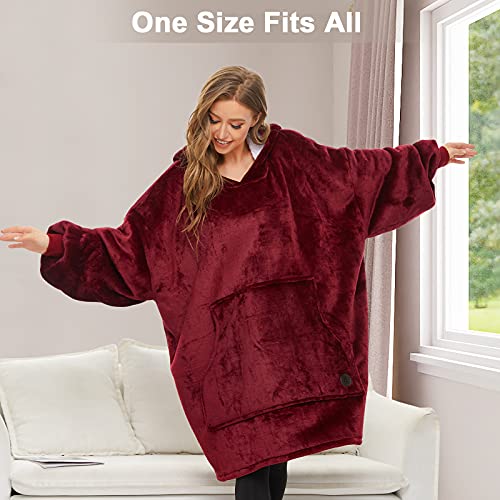 THREE POODLE Wearable Blanket Hoodie for Women, Oversized Sherpa Sweatshirt Blanket for Adults Men, Cozy Burgundy Hooded Blankets, Gifts for Teen Girls Women Mom Sister - color: Burgundy, size: Adult