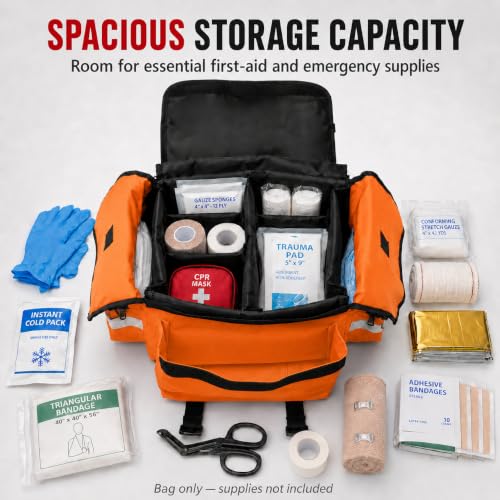 NOVAMEDIC NM-RO63P Professional First Responder Bag, 17” x 9” x 7” Empty EMT Trauma Kit Carrier with Removable Dividers, Reflective Strips, Water-Resistant Base for Emergency Medical Supplies (Orange) - color: Orange