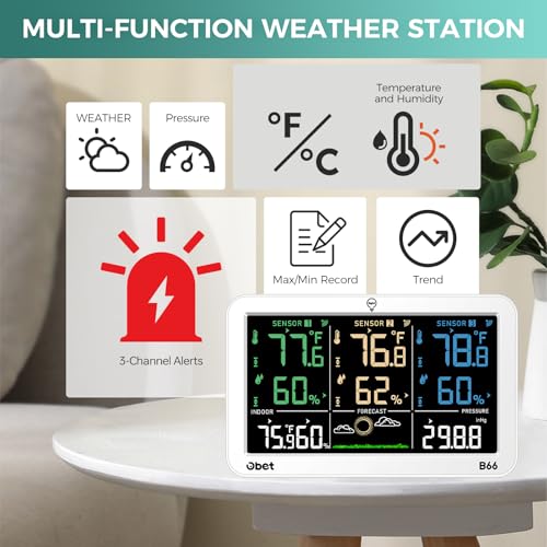 OBET Weather Station Wireless Indoor Outdoor Thermometer Wireless, Color Display Digital Temperature and Humidity Monitor with 3 Sensors, Alerts, Adjustable Backlight, USB Port (500 Feet) White - color: White-Large