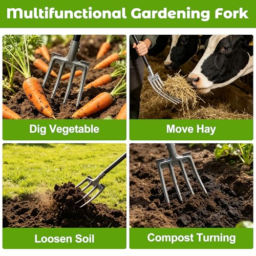 Pitch Fork, Metal Broadfork Garden Tool Long Handle, 4 Tine Mulch Hay Manure Digging Bedding Hay Potato Garden Fork Shovel for Gardening Loosening Soil Compost - size: 47"
