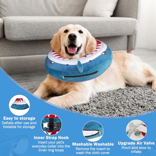 SCENEREAL Dog Cone Alternative After Surgery for Small Medium Large Dogs | Inflatable Cone Collar for Dogs Cats, Adjustable Soft Donut Recovery Collar to Prevent Licking, Shark Print E-Collars - color: Blue Shark, size: S(Neck 11"-13")