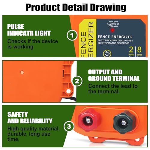 PE2 Electric Fence Charger, 2-Mile/ 8 Acres Electric Fence Charger,0.1 Joule Livestock Fence Chargers for Containing Dogs, Livestock and Preventing Wild Animals Intruding,Orange
