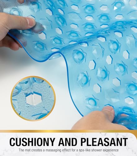 HITSLAM Non Slip Shower Mat, Square Bathtub Mat, 24x24 Inch, Blue | Diamond Textured PVC Bath Mat With Suction Cups, Shower Stall Mat with Center Drain Hole, Strong Grip, Machine Washable - color: Blue