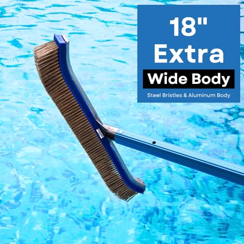 Aquatix Pro Pool Brush Head, 18" Heavy Duty for Cleaning Walls & Floors | Stainless Steel Bristles, Reinforced Aluminum Back, Curved Ends for Corners, EZ Clip, Swimming Pool Brushes for Tiles & Steps