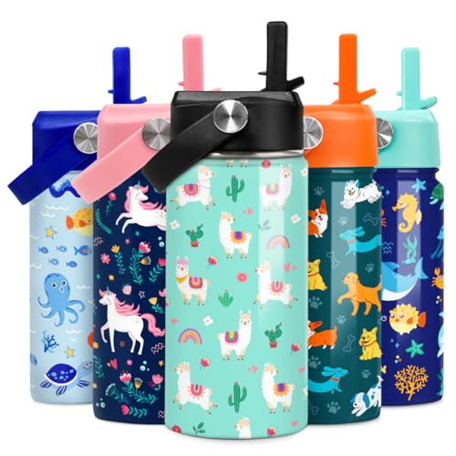SANDJEST Kids Water Bottle Alpaca Llama Water Bottles 12oz with Straw Insulated Stainless Steel Travel School Tumbler Double Wall Vacuum Cup for Girls Kid - color: Llama