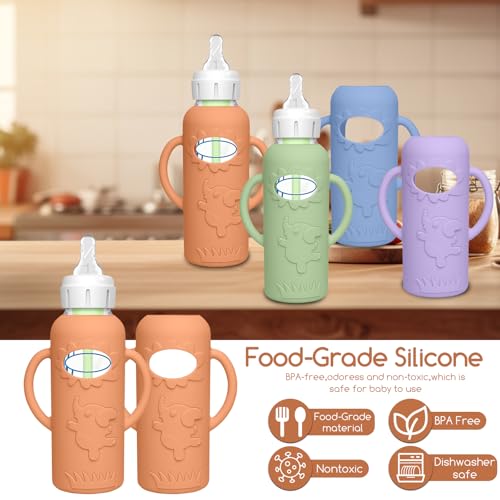 4 Pack Silicone Sleeves for Dr. Brown's Glass Baby Bottles -Drop Protection Easy-Grip Baby Bottle Sleeves Holder with Handles, Compatible with Dr. Brown's Newborn Glass Bottles 8 oz/250 mL - color: Blue 4 Pack 8OZ