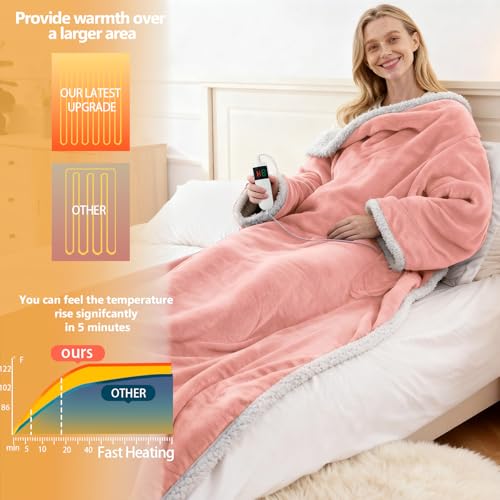 Wearable Heated Blanket With Sleeves & Foot Pocket, Heated Throw Blankets Fast Heating Blanket With 10 Heat Settings Auto Shut Off Over-Heat Protection-Warm Gift, Machine Washable, 52”*72”+18” - color: Pink