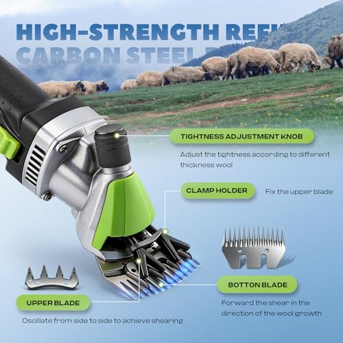 Sheep Shears Professional 850W 2400RPM with 4 Blades, Heavy-Duty | 6-Speed Adjustable, with 4 Blades: 13-Tooth Straight & Curved, 9-Tooth Straight & Curved, Ideal for Thick Coat Animals - size: with 4 Blades