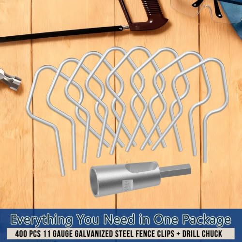 400 Pcs T Post Clips Kit, Metal Wire Fence Clip & 1 Drill Chuck, Galvanized Steel Tie Preformed T-Post Fence Clips 11 Gauge Fence Ties Fast Installation Farm Garden&Livestock Fencing T/U-Posts(Silver) - size: 400PCS