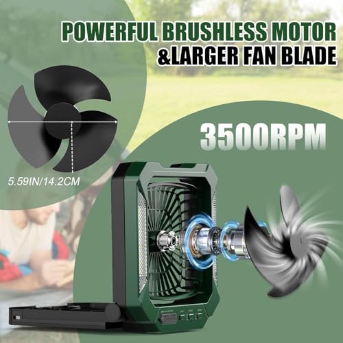 Portable Camping fan Rechargeable, 2-in-1 Battery Powered Solar Fan with Detachable Solar Panel, 270° Rotation Personal USB Desk Fan with 3 Speed/Timer/LED Light/Hanging Hook for Outdoor - color: Green A