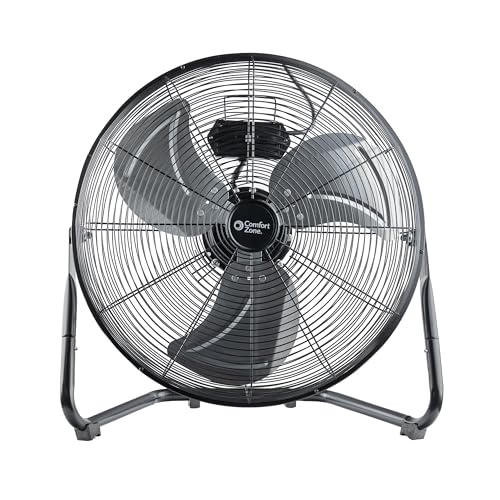 Comfort Zone 20-Inch High-Velocity Industrial Floor Fan, Heavy-Duty 3-Speed Metal Shop Fan with 180° Adjustable Tilt & Carry Handle, Quiet Vibration-Free Cooling for Garage, Workshop, & Home - size: 20"