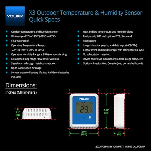 YoLink X3 Outdoor Temperature and Humidity Sensor with Data Logger, Thermometer, 1/4 Mile Range, 5+ Years Battery Life, Emails, Text, App Alerts, Alexa, IFTTT. Hub Required!
