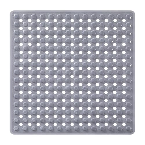 Yimobra Square Shower Floor Mat Non Slip, 21"X21" Machine Washable Bath Tub Mat, Soft on Feet, Bathmat with Drain Holes and Suction Cups, Fast Draining, Grey - color: Grey, size: 21 X 21 Inch