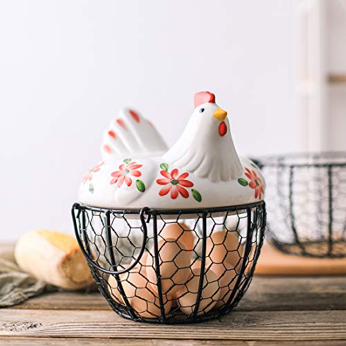 Kitchen Storage Metal Wire Egg Basket with Ceramic Farm Chicken Cover Fresh Egg Holder/Organizer Case/Container - color: red with black basket