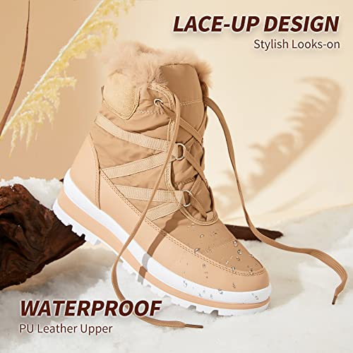 BABUDOG Womens Warm Fur Lined Mid-Calf Boots Waterproof Winter Snow Boots Non-slip Lace up Combat Boots - color: Apricot, size: 8