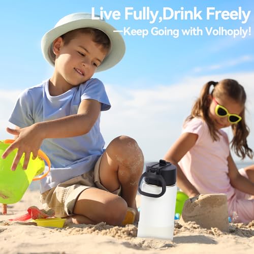 Volhoply 14oz KIds Stainless Steel Insulated Leakproof Water Bottle with Straw Lid and Silicone Boot,BPA-Free Easy Use for Boys&Girls,Double Wall Vacuum Bottles(White,1) - color: White