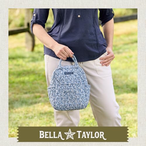 Bella Taylor Lunch Tote, Quilted Lunch Bag, Heritage Blue Floral | Lightweight quilted cotton lunch box, easy-to-clean PEVA lining, 3 outside/1 inside pocket, durable construction - color: Heritage Blue Floral