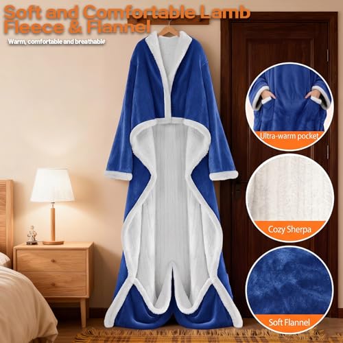 Wearable Heated Blanket With Sleeves & Foot Pocket, Heated Throw Blankets Fast Heating Blanket With 10 Heat Settings Auto Shut Off Over-Heat Protection-Warm Gift, Machine Washable, 52”*72”+18” - color: Blue