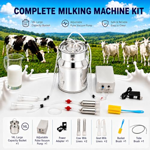 Electric Milking Machine for Goats and Cows, 14L Portable Cow Milker Machine Pulsating Design with Adjustable Stainless Steel Milk Can and Silicone Tubing, Suitable for Small Farms and Home Use