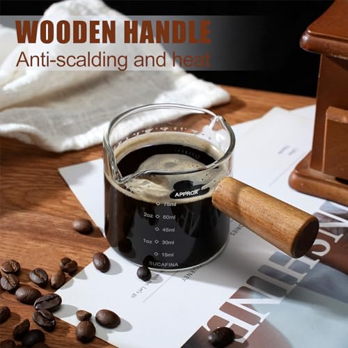 2 Pack Espresso Cups with Wood Handle, 75ML Double Spout Glass Measuring Cup with Dual Scale, Espresso Shot with V-Shaped Mouth, Clear Glass Espresso Accessories, Milk Frothing Pitcher