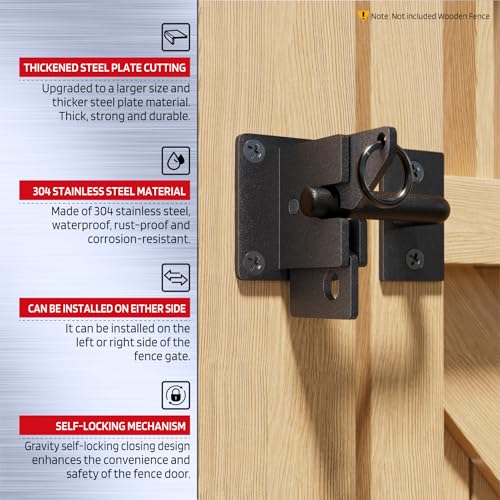 304 Stainless Steel Wooden Fence Self-Locking Gate Latch Heavy-Duty Gravity-Style Fence Gate Latch Privacy Latch, For Wooden Doors, Metal Doors, and Vinyl Fences Gate Lock Hardware (Black-Sand) - color: Black