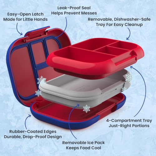 Bentgo Chill Kids 4-Compartment Bento Box Leakproof Lunch Box | Built-In Ice Pack, 3.3 Cup Capacity, BPA-Free, Microwave & Dishwasher Safe Tray, Ideal for Ages 3–7 (Red/Royal) - color: Red/Royal