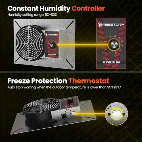 Abestorm 260CFM Crawlspace Ventilation Fans, IP-55 Rated Exhaust Fan with Humidistat Thermostat, 6.7 Inch Basement Vent Fan with Isolation Mesh for Crawl Space, Garage, Attic, Exhaust,Commercial - color: Black