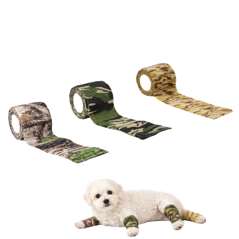 3 Pack Camo Pet Self Adhesive Bandage Wrap 2 Inch x 5 Yards Cohesive Tape for Dogs Cats Animals Wound Care Sprains and Swelling