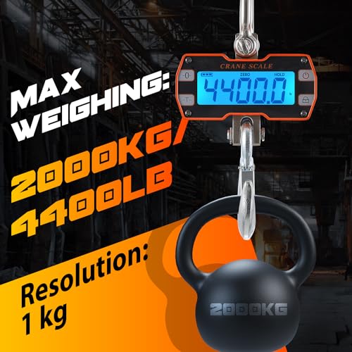 CGOLDENWALL Digital Crane Scale 4400lb Industrial Hanging Scale Handheld Hoist Scale kg lb Switchable 2000kg Wild Game Scale for Farms, Hunting and Livestock - size: 2000kg