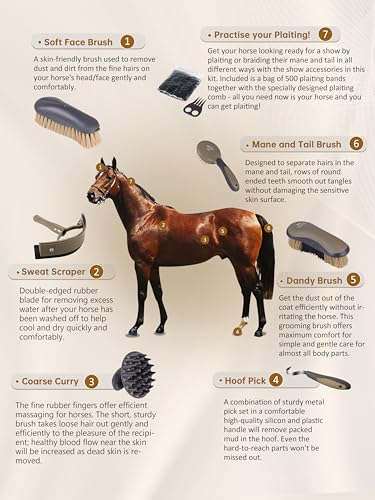 Harrison Howard Horse Grooming Brushes Kit 7 pieces with Organizer Tot Equine Care Series Horse Brush Sets Black - color: Black