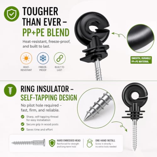 Electric Fence Insulators 50Pcs, Self-Tapping Screw-in Ring Insulators for Wood Posts, PP+PE Composite Material Fits 8-30 Gauge Wire/Tape/Rope, Heavy Duty Ranch Fencing Kit