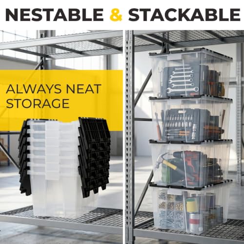 12 Gallon Heavy Duty Plastic Storage Tote with Flip Lid 21.5"×15.25"× 12.5" | Pack of 1 USA Made Reinforced Storage Container - Stackable Design, Wipe-Clean Label - for Home & Garage Organization - style: Heavy Duty
