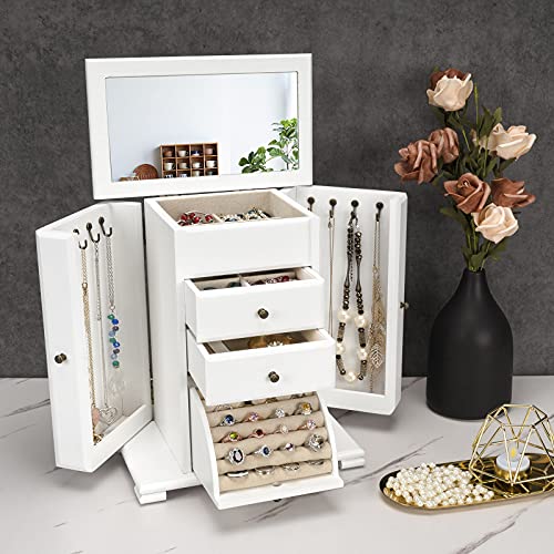 Emfogo Jewelry Box for Women, Rustic Wooden Jewelry Boxes & Organizers with Mirror, 4 Layer Jewelry Organizer Box Display for Rings Earrings Necklaces Bracelets (Weathered White) - color: Weathered White